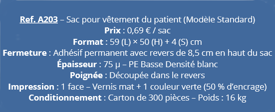 sac de taille standard pour vêtements de patients