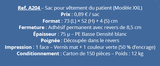 sacs de spécifications pour vêtements XXL